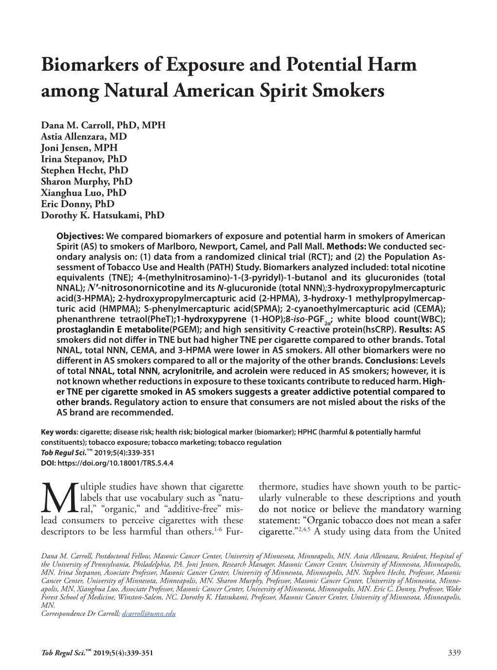 Biomarkers of Exposure and Potential Harm Among Natural American Spirit Smokers