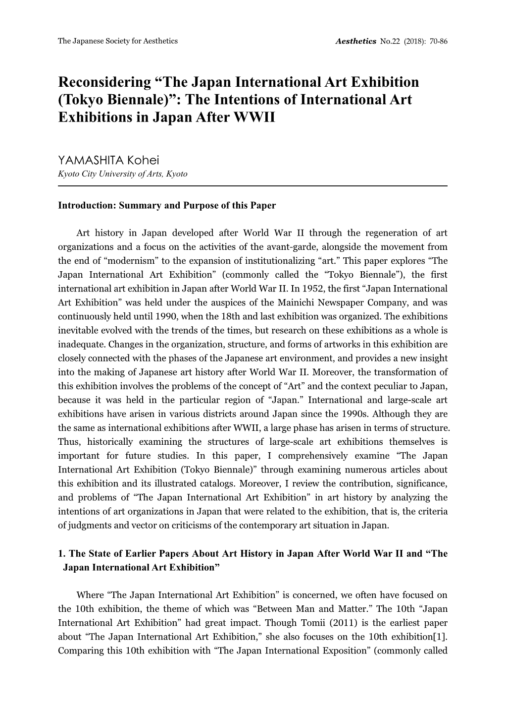 The Japan International Art Exhibition (Tokyo Biennale)”: the Intentions of International Art Exhibitions in Japan After WWII