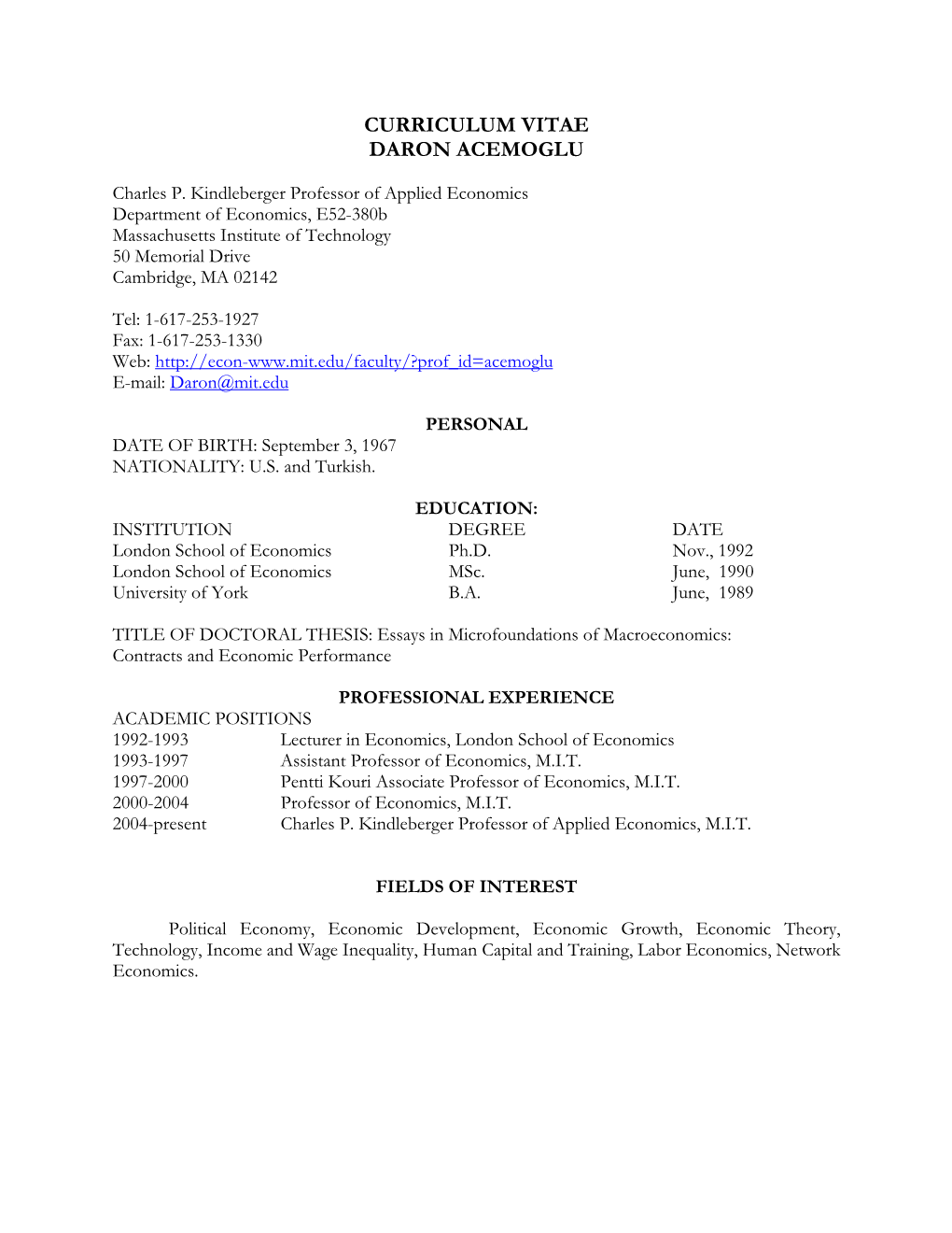 Curriculum Vitae Daron Acemoglu