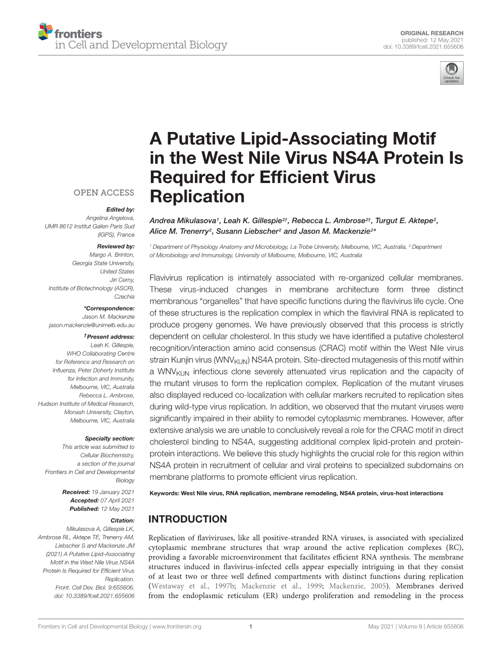 A Putative Lipid-Associating Motif in the West Nile Virus NS4A Protein Is