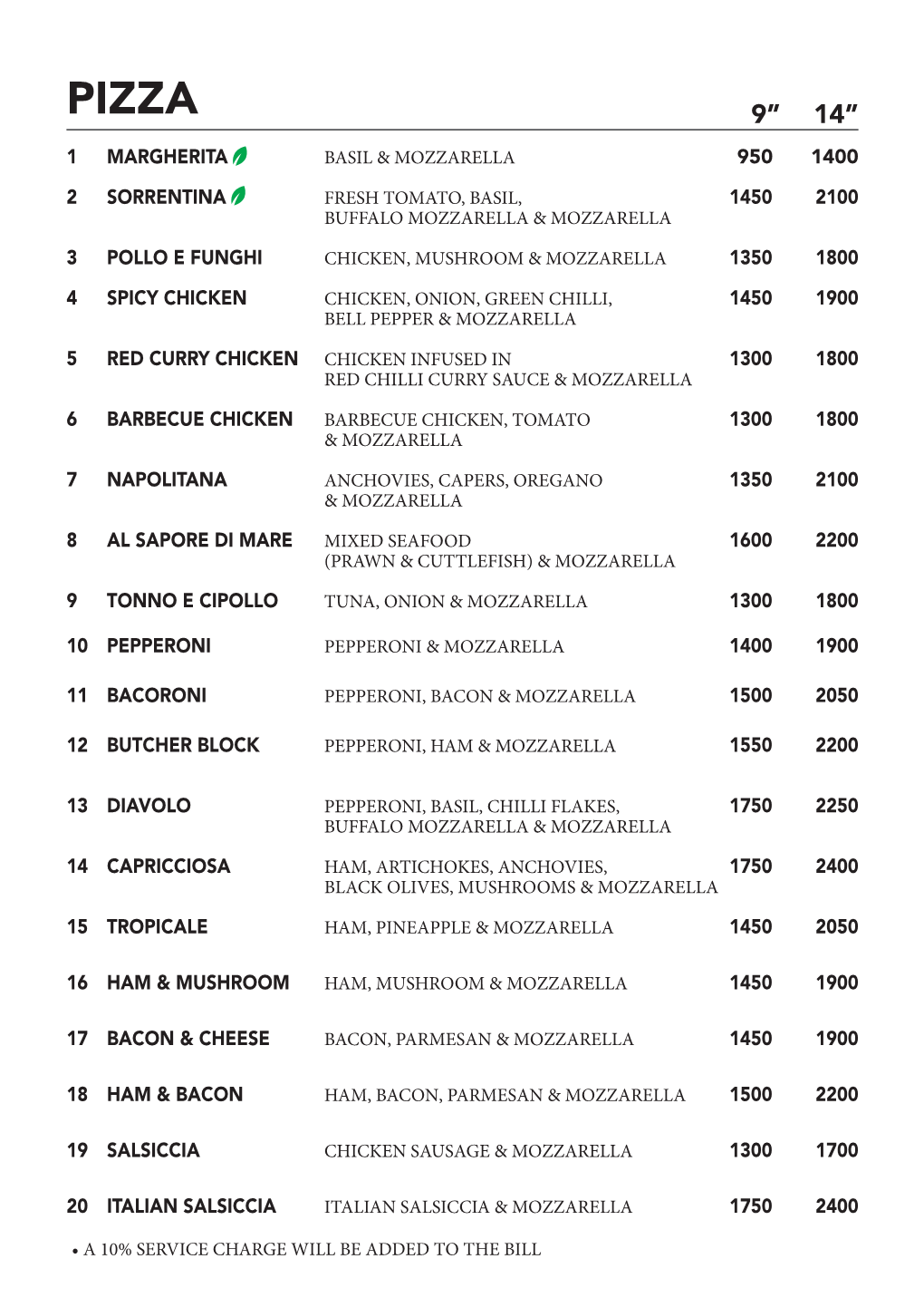 9” 14” 1 Margherita Basil & Mozzarella 950 1400 2 Sorrentina Fresh Tomato, Basil, 1450 2100 Buffalo Mozzarella & Mozzarella