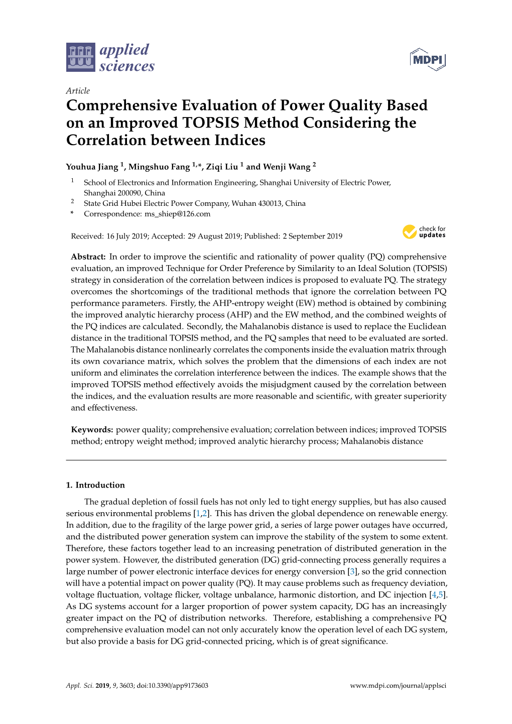 Comprehensive Evaluation of Power Quality Based on an Improved TOPSIS Method Considering the Correlation Between Indices