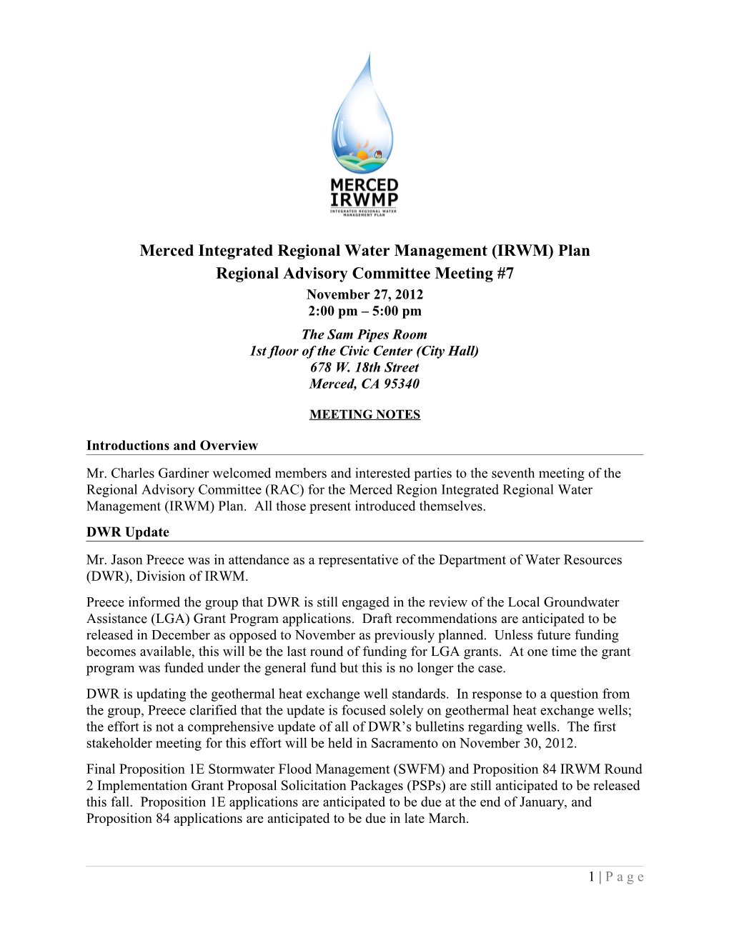 Merced Integrated Regional Water Management (IRWM) Plan