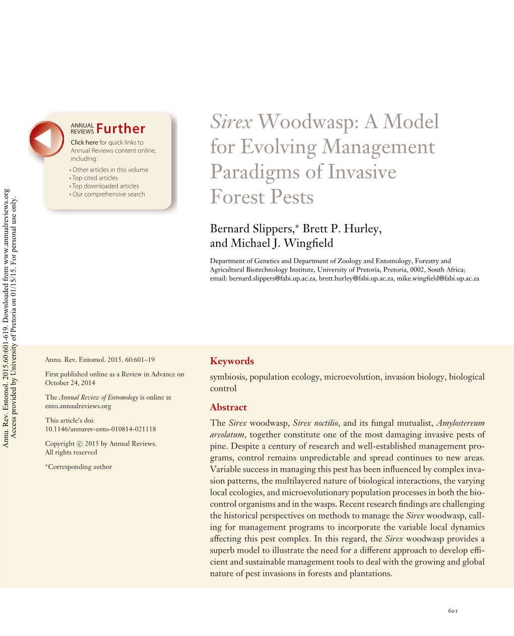 Sirex Woodwasp: a Model for Evolving Management Paradigms of Invasive Forest Pests