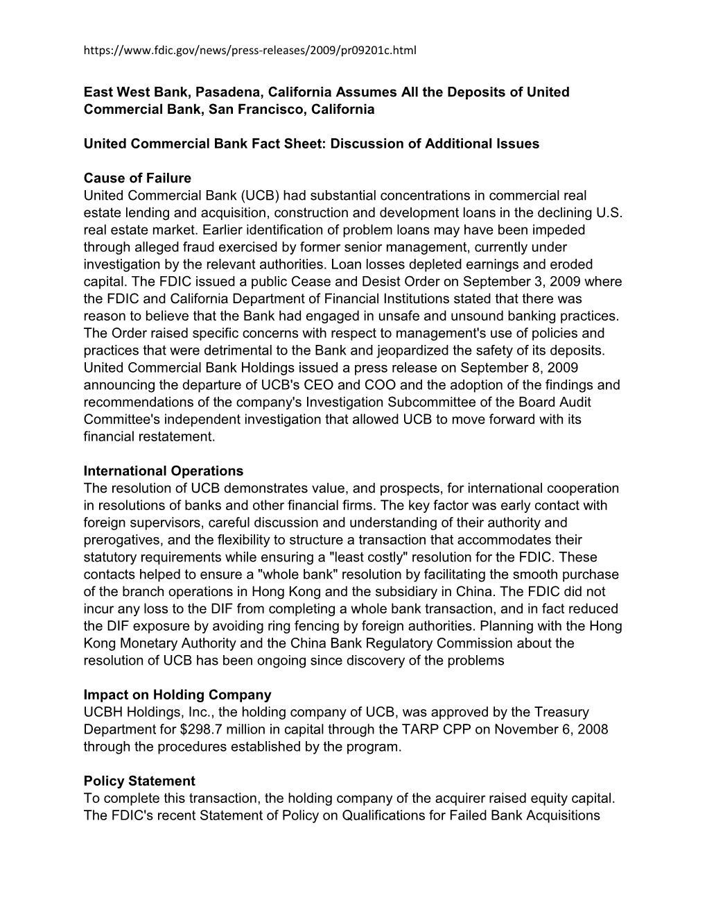 United Commercial Bank Fact Sheet: Discussion of Additional Issues