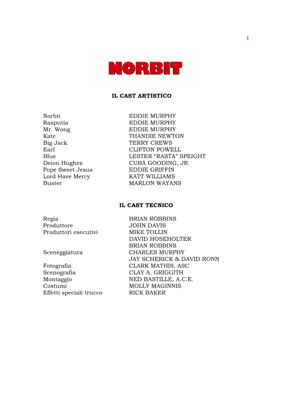 1 IL CAST ARTISTICO Norbit EDDIE MURPHY Rasputia EDDIE