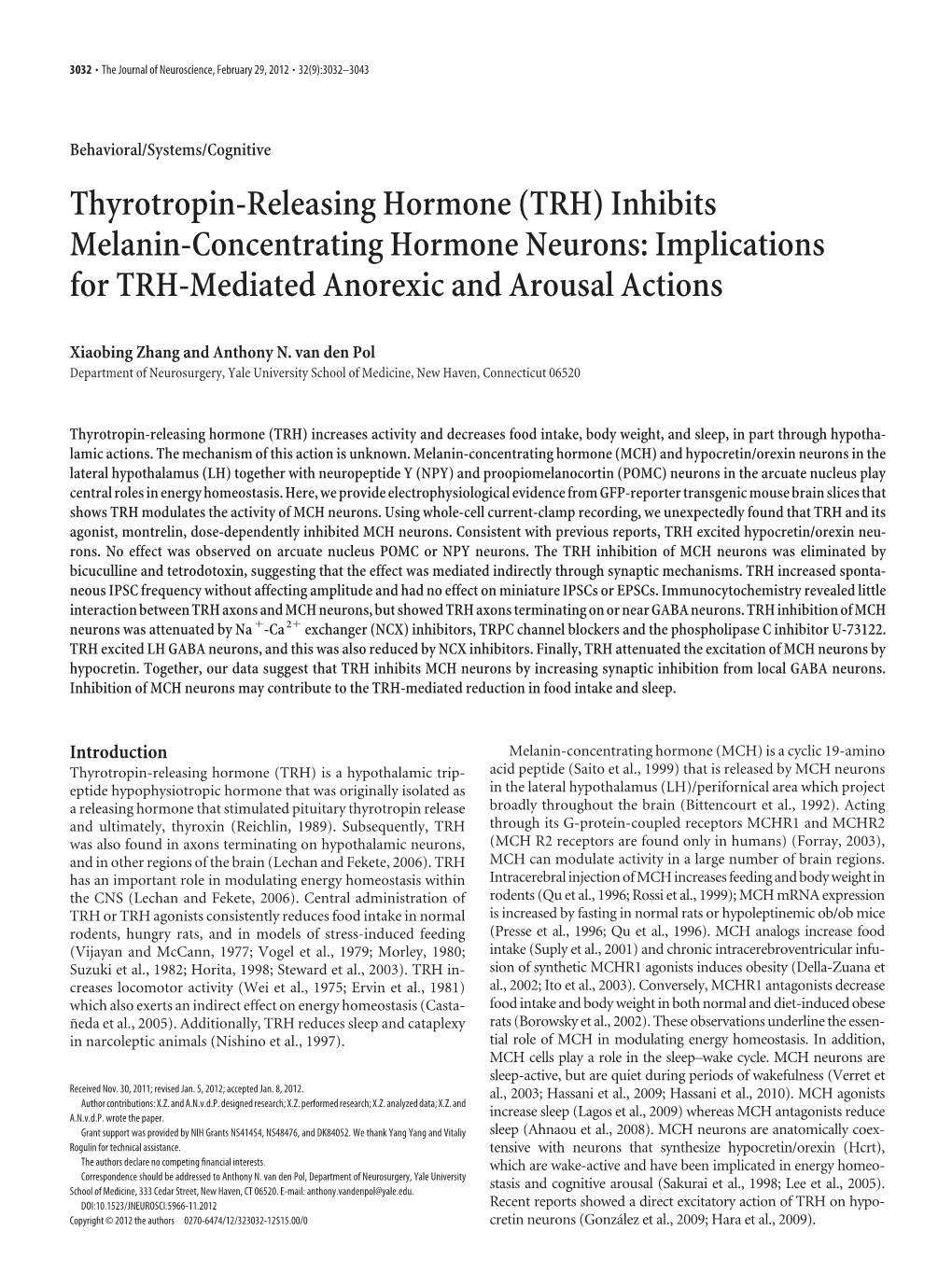 Thyrotropin-Releasing Hormone (TRH) Inhibits Melanin-Concentrating Hormone Neurons: Implications for TRH-Mediated Anorexic and Arousal Actions