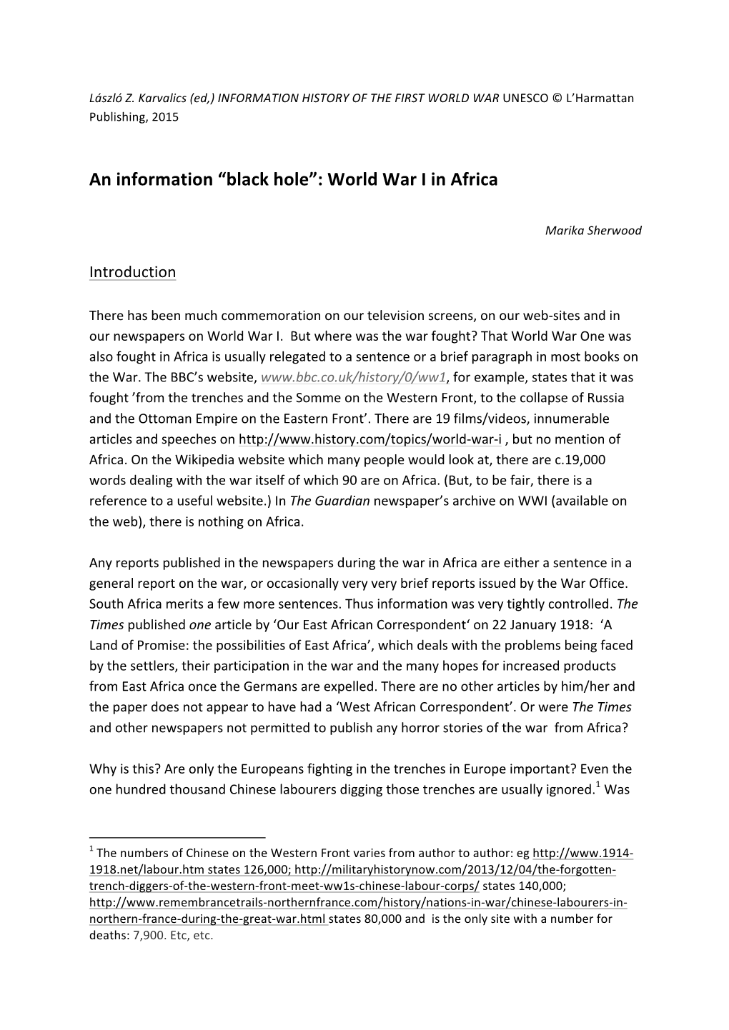 An Information “Black Hole”: World War I in Africa