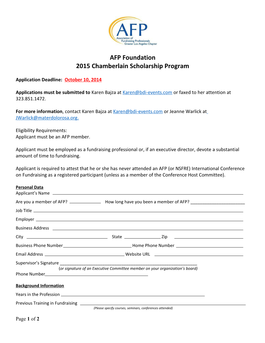 2015 Chamberlain Scholarship Program