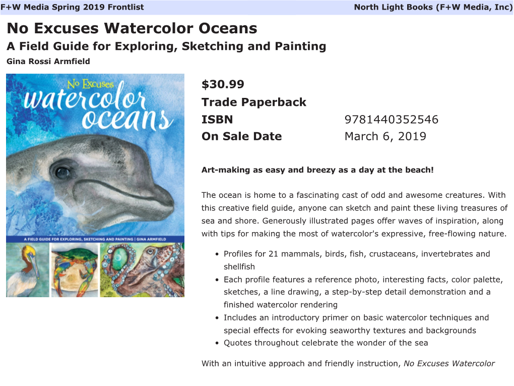 No Excuses Watercolor Oceans a Field Guide for Exploring, Sketching and Painting Gina Rossi Armfield