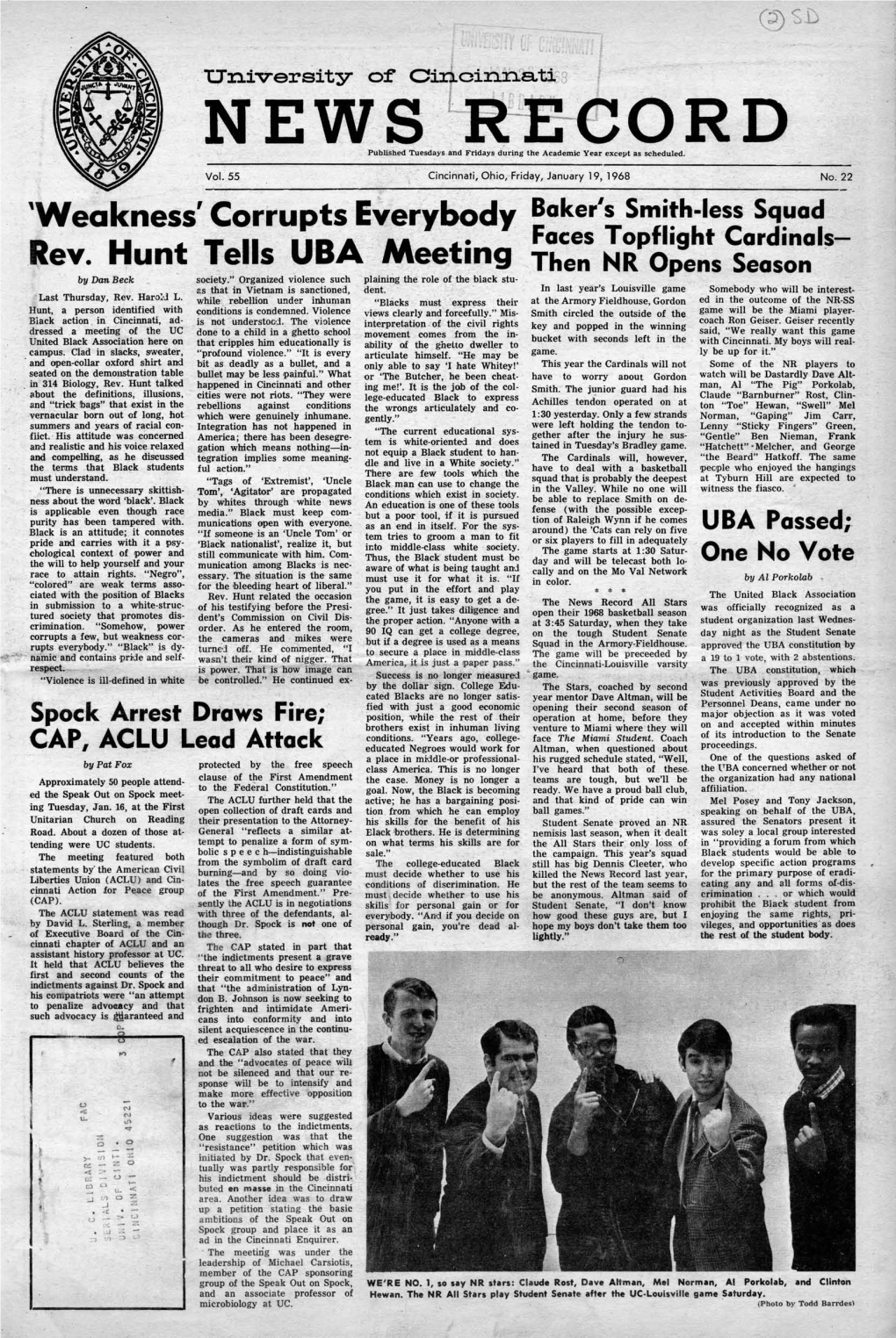 University of Cincinnati News Record. Friday, January 19, 1968. Vol. LV