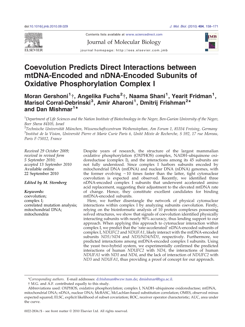 Coevolution Predicts Direct Interactions Between Mtdna-Encoded and Ndna-Encoded Subunits of Oxidative Phosphorylation Complex I