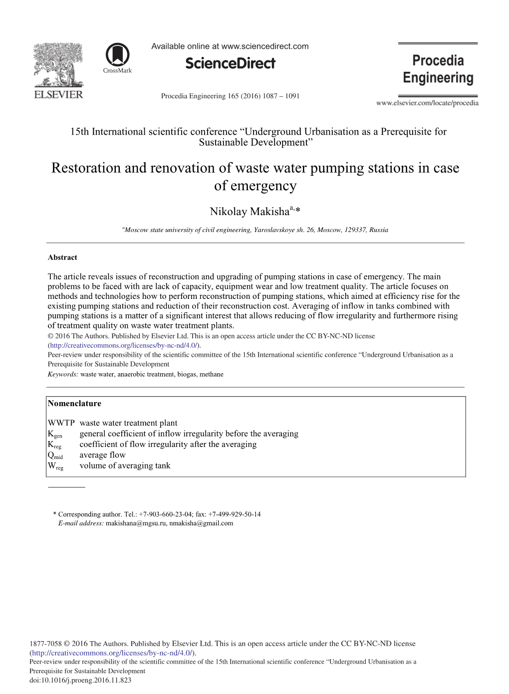 Restoration and Renovation of Waste Water Pumping Stations in Case of Emergency