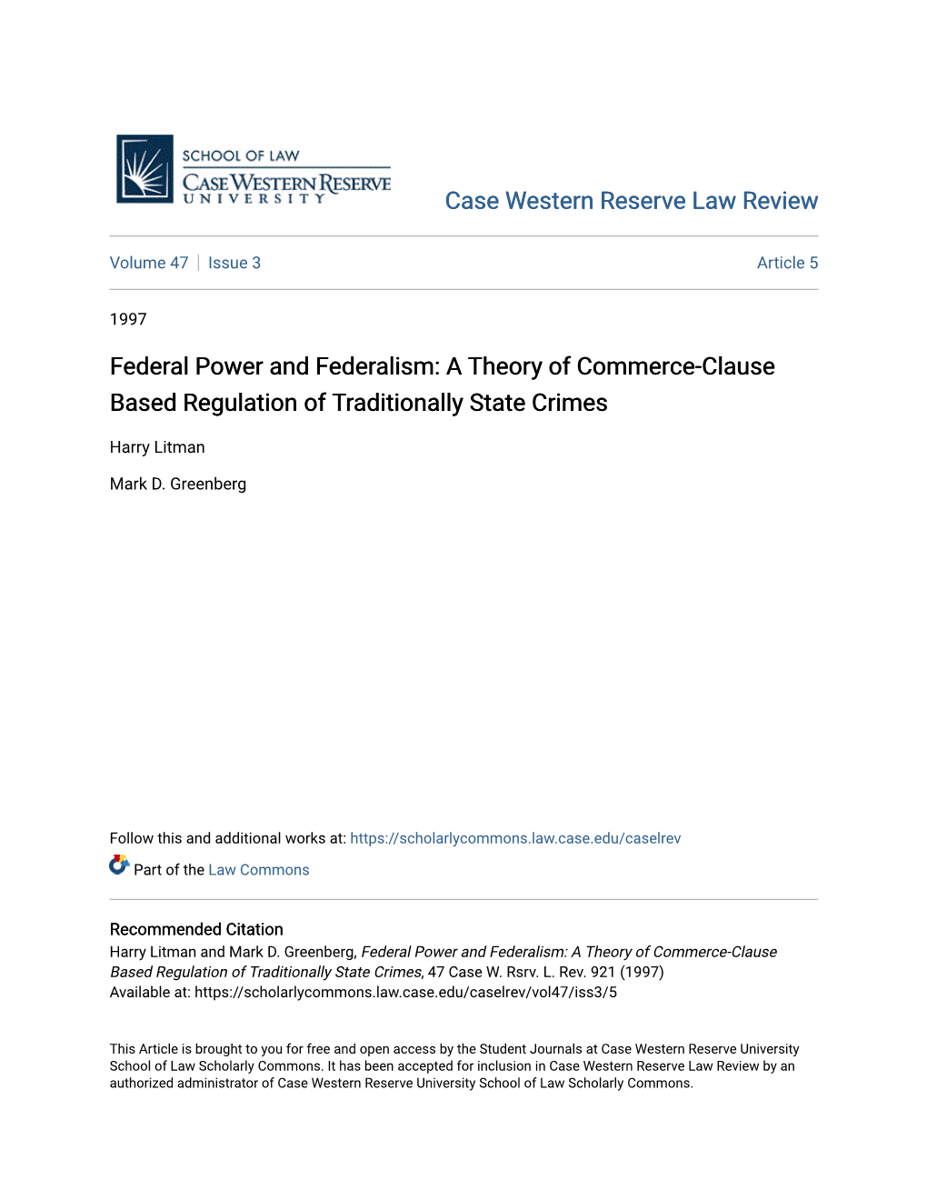 A Theory of Commerce-Clause Based Regulation of Traditionally State Crimes