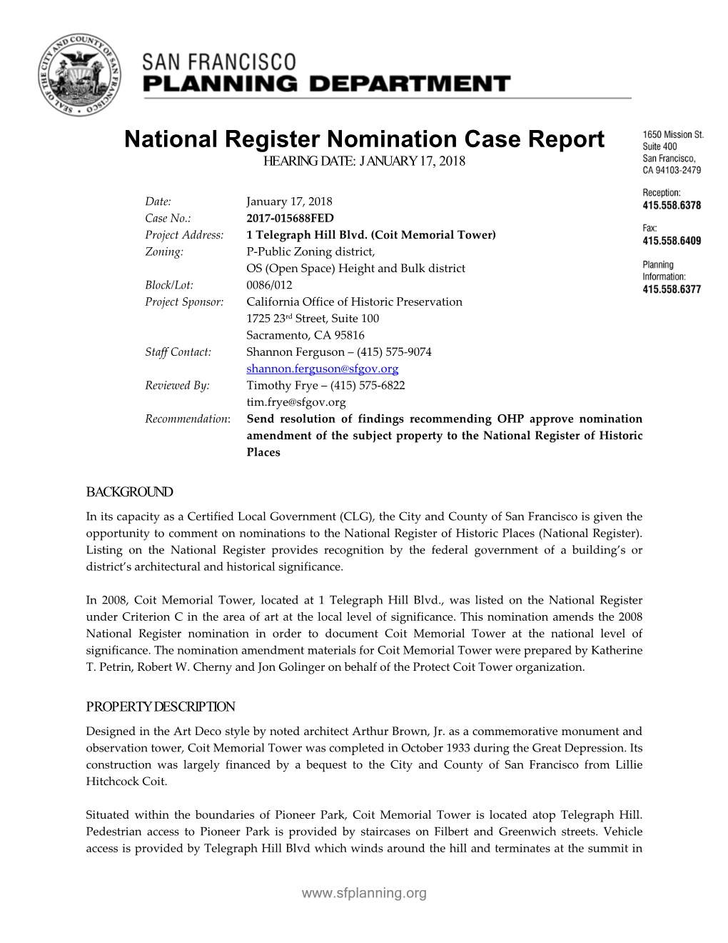 National Register Nomination Case Report HEARING DATE: JANUARY 17, 2018