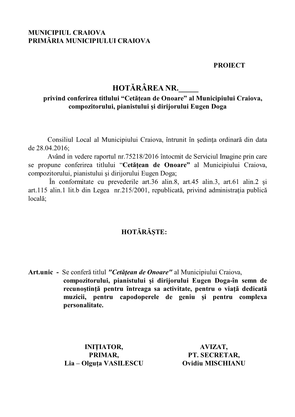 21. Proiect De Hotărâre Privind Conferirea Titlului