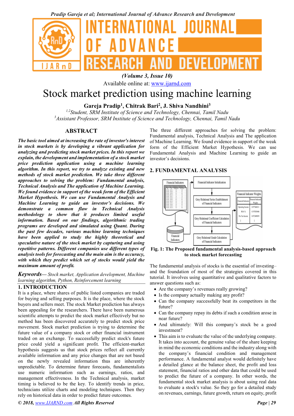 Stock Market Prediction Using Machine Learning Gareja Pradip1, Chitrak Bari2, J