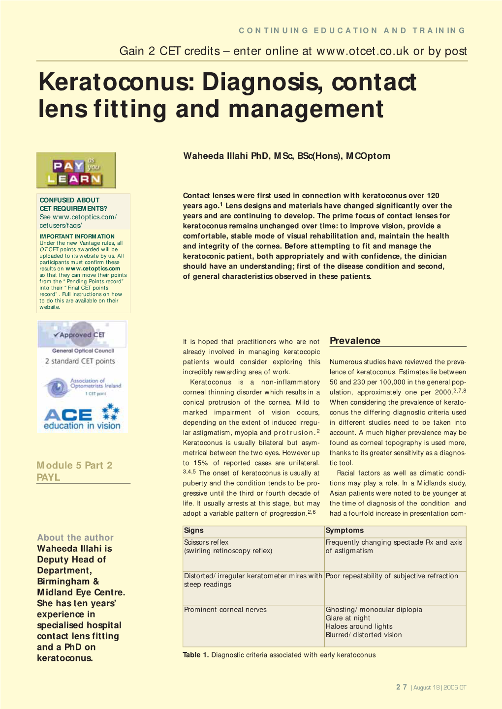 Keratoconus: Diagnosis, Contact Lens Fitting and Management