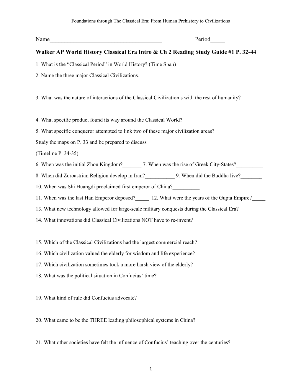 Walker AP World History Classical Era Intro & Ch 2 Reading Study Guide #1 P. 32-44