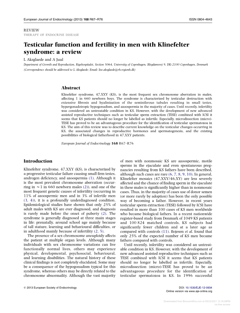 Testicular Function and Fertility in Men with Klinefelter Syndrome: a Review