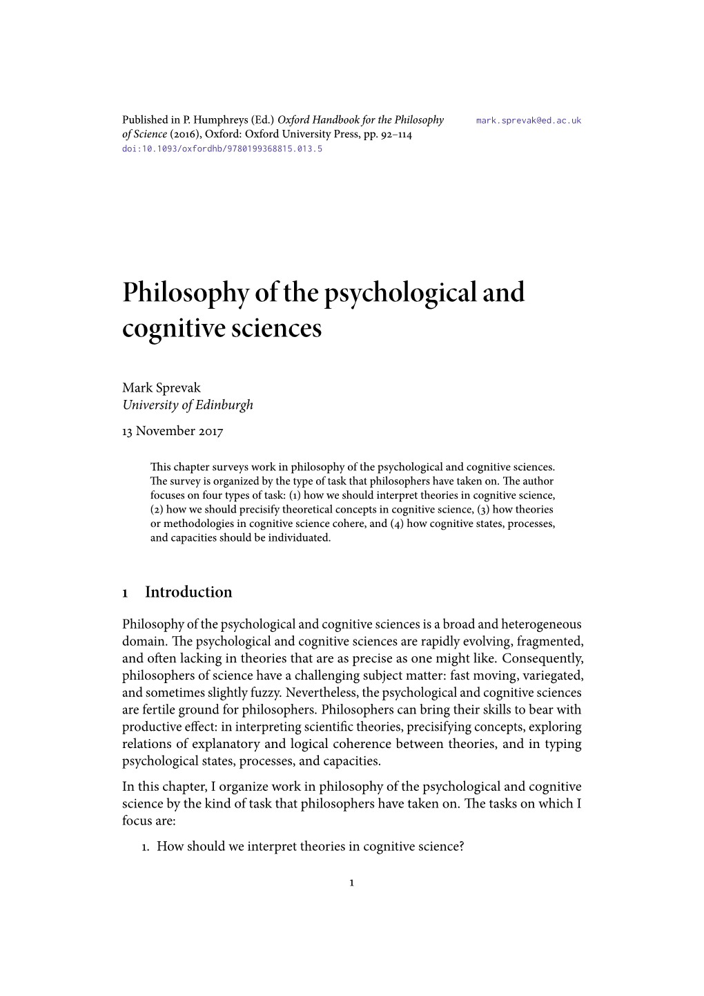 Philosophy of the Psychological and Cognitive Sciences