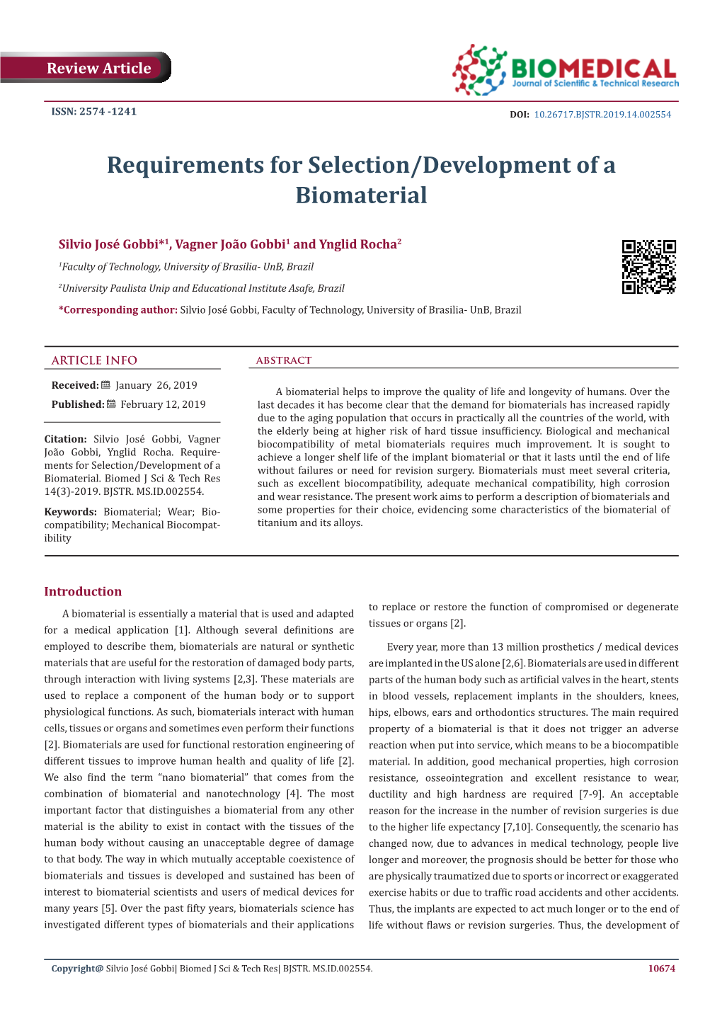 Requirements for Selection/Development of a Biomaterial