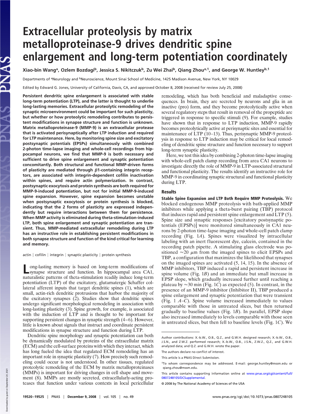 Extracellular Proteolysis by Matrix Metalloproteinase-9 Drives Dendritic Spine Enlargement and Long-Term Potentiation Coordinately