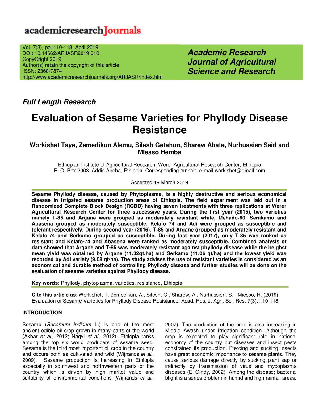 Evaluation of Sesame Varieties for Phyllody Disease Resistance