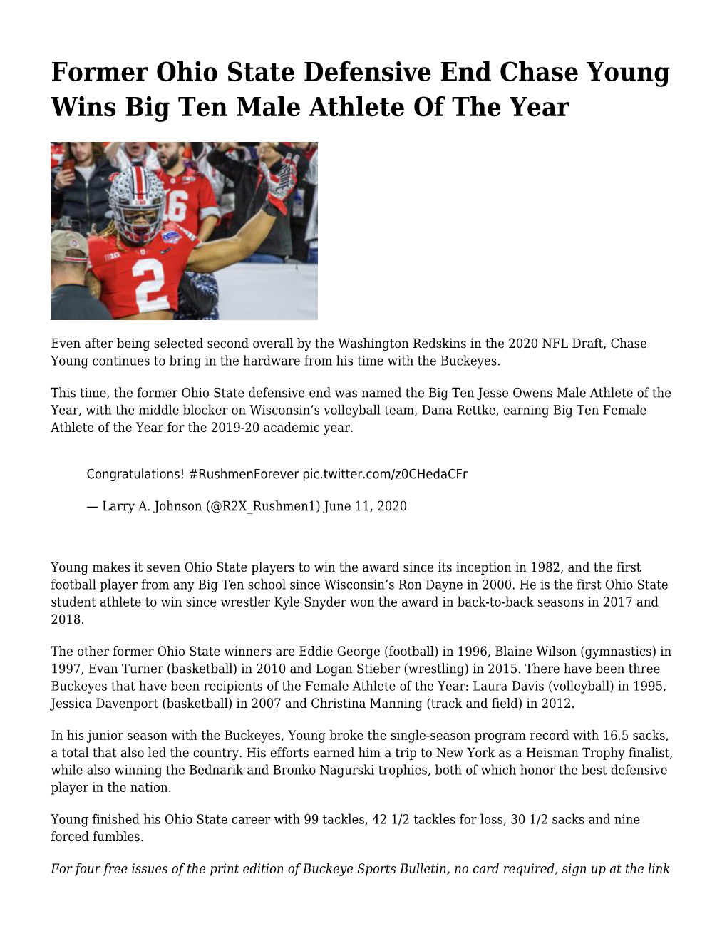 Former Ohio State Defensive End Chase Young Wins Big Ten Male Athlete of the Year