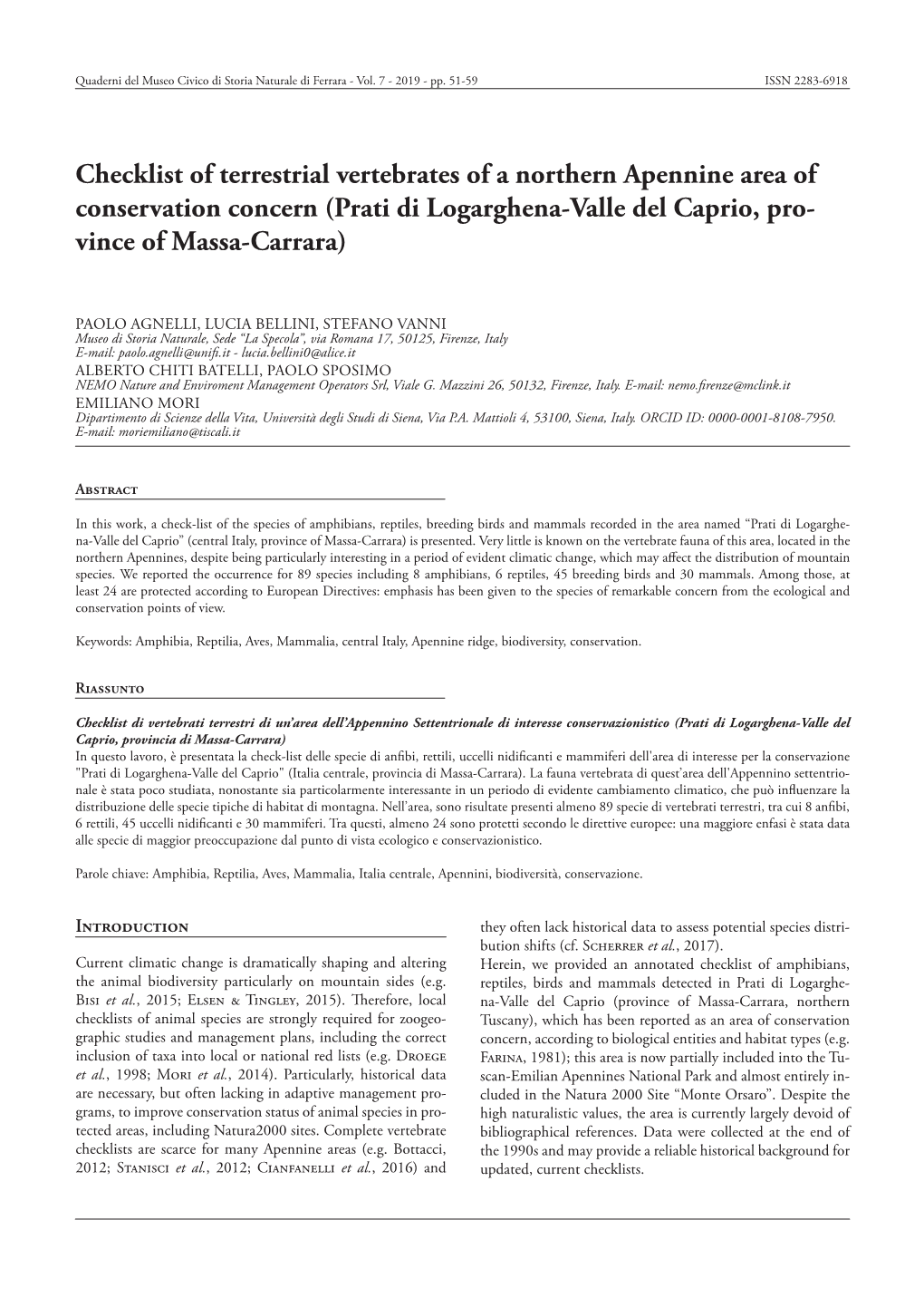 Checklist of Terrestrial Vertebrates of a Northern Apennine Area of Conservation Concern (Prati Di Logarghena-Valle Del Caprio, Pro- Vince of Massa-Carrara)