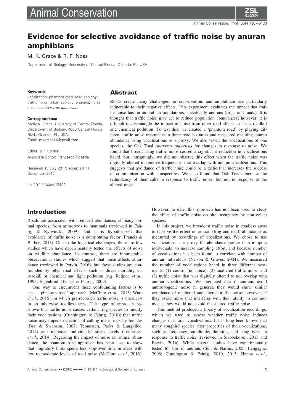 Evidence for Selective Avoidance of Traffic Noise by Anuran Amphibians