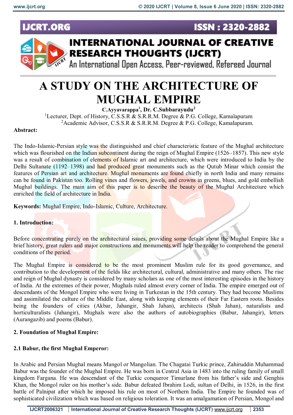 A STUDY on the ARCHITECTURE of MUGHAL EMPIRE C.Ayyavarappa1, Dr