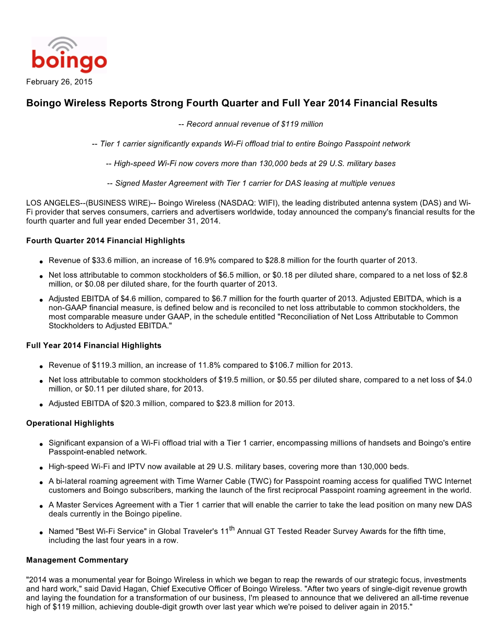 Boingo Wireless Reports Strong Fourth Quarter and Full Year 2014 Financial Results