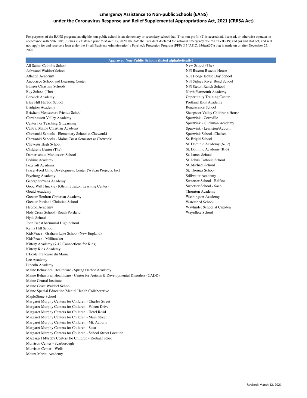 EANS) Under the Coronavirus Response and Relief Supplemental Appropriations Act, 2021 (CRRSA Act)