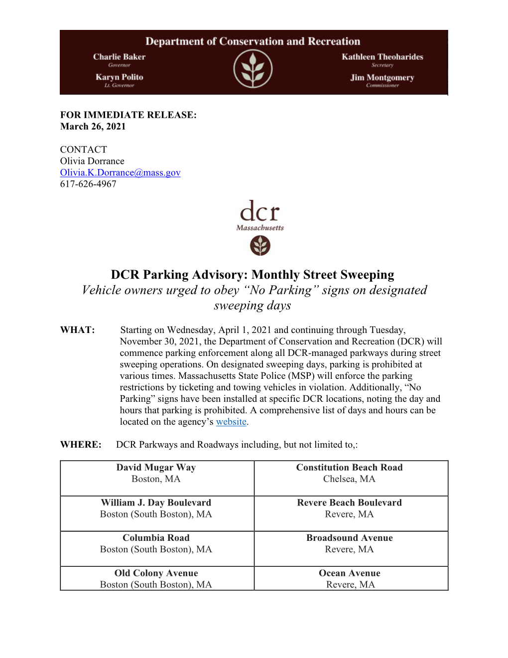 DCR Parking Advisory: Monthly Street Sweeping Vehicle Owners Urged to Obey “No Parking” Signs on Designated Sweeping Days