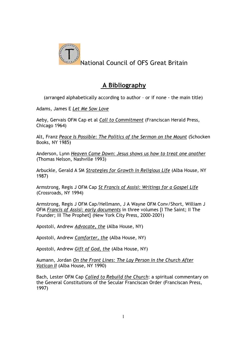 National Council of OFS Great Britain a Bibliography