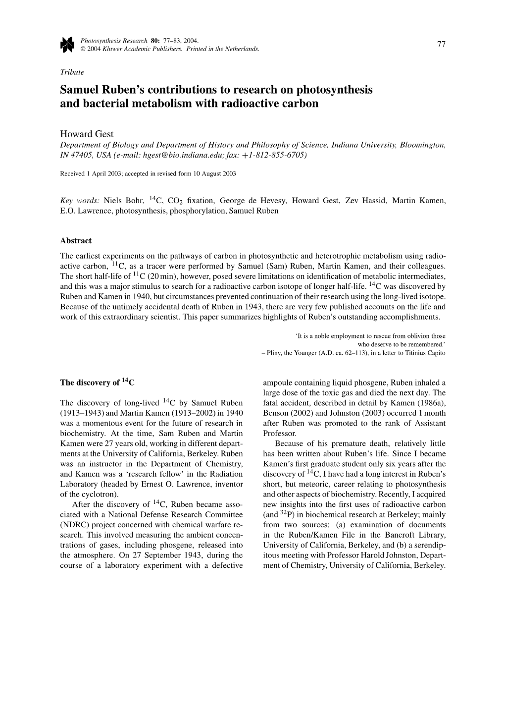 Samuel Ruben's Contributions to Research on Photosynthesis And