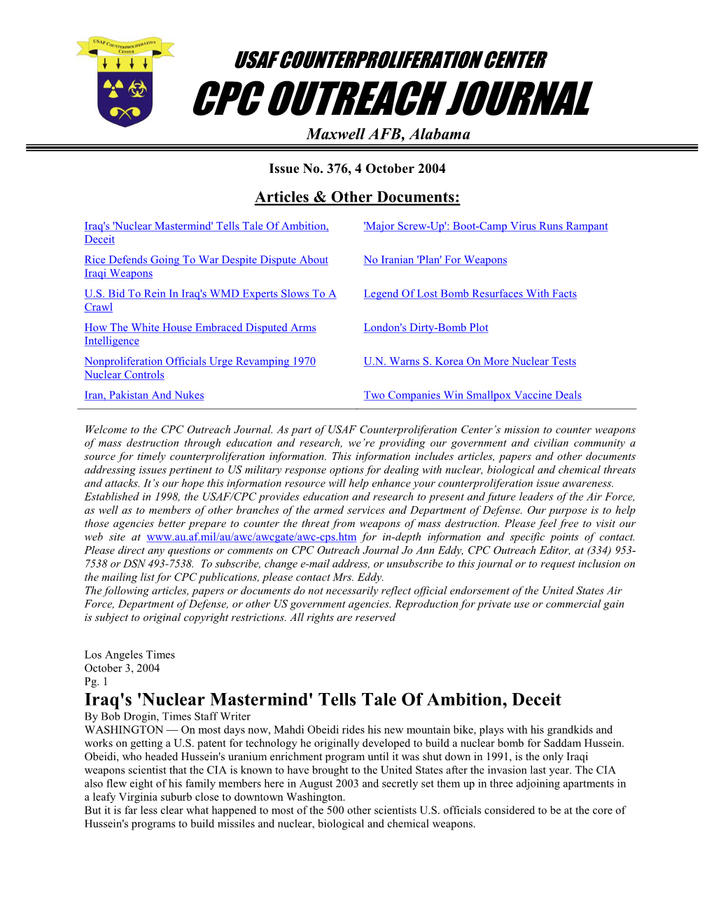 USAF Counterproliferation Center CPC Outreach Journal #376