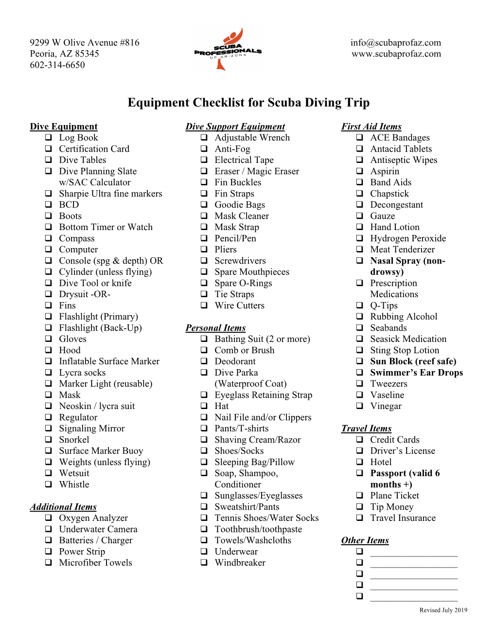 Equipment Checklist for Scuba Diving Trip