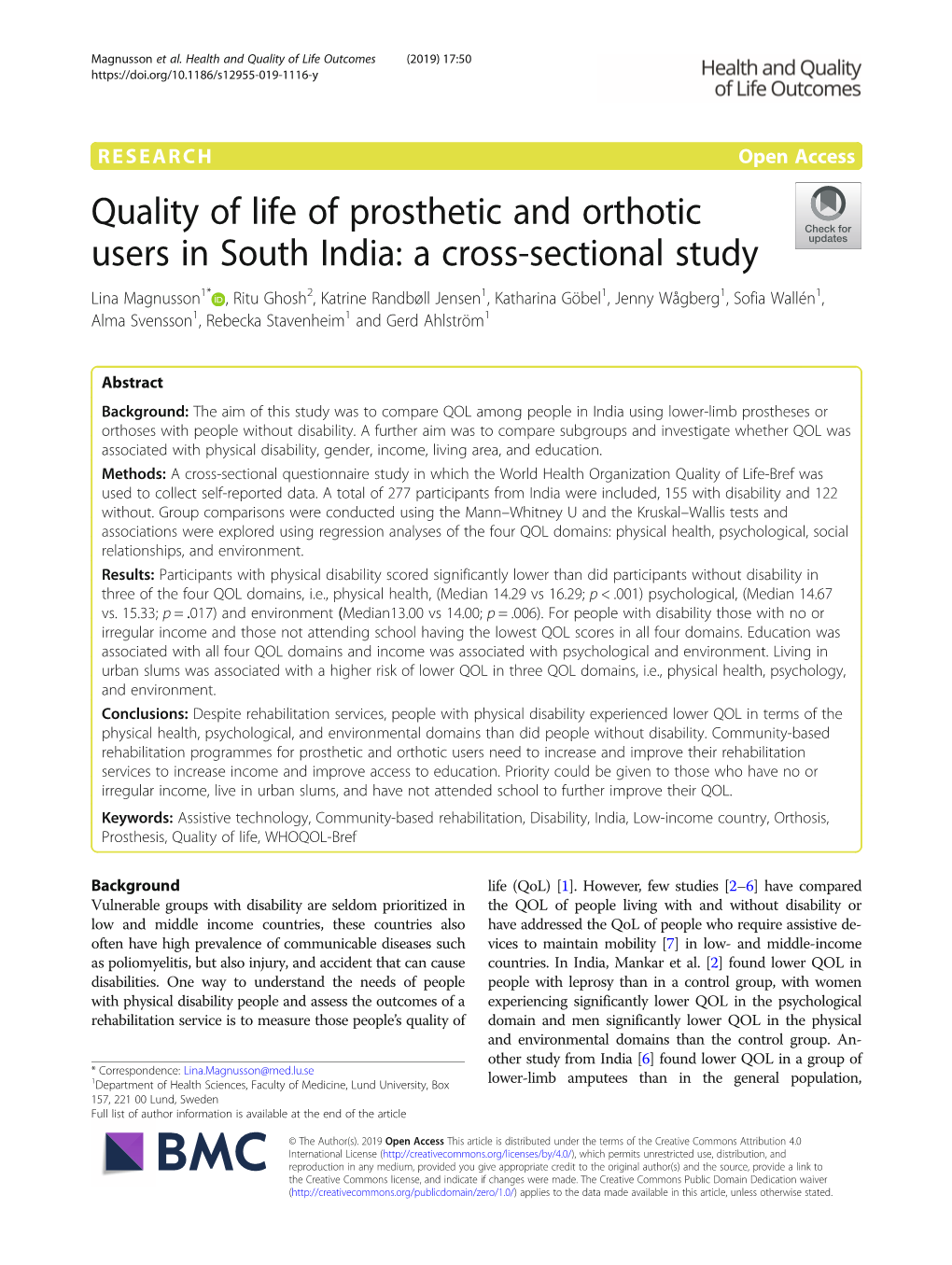 Quality of Life of Prosthetic and Orthotic Users in South India: a Cross
