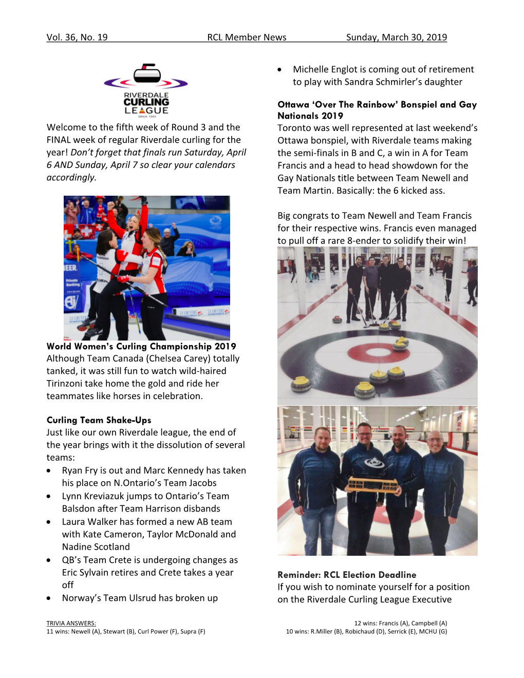 Vol. 36, No. 19 RCL Member News Sunday, March 30, 2019 Welcome to the Fifth Week of Round 3 and the FINAL Week of Regular Riverd