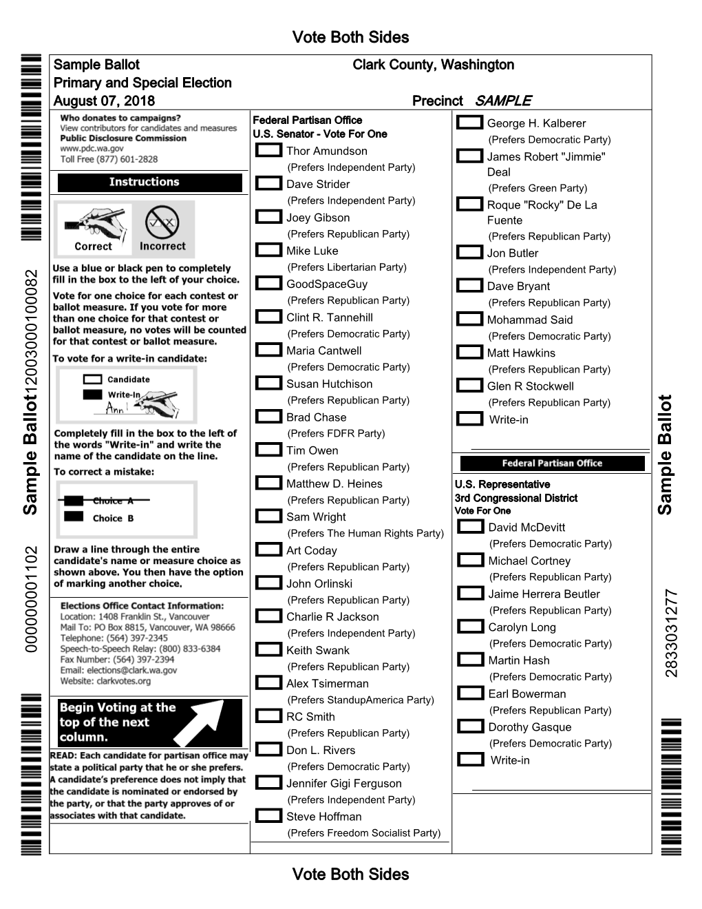 Sample Ballot Clark County, Washington Primary and Special Election August 07, 2018 Precinct SAMPLE Federal Partisan Office George H