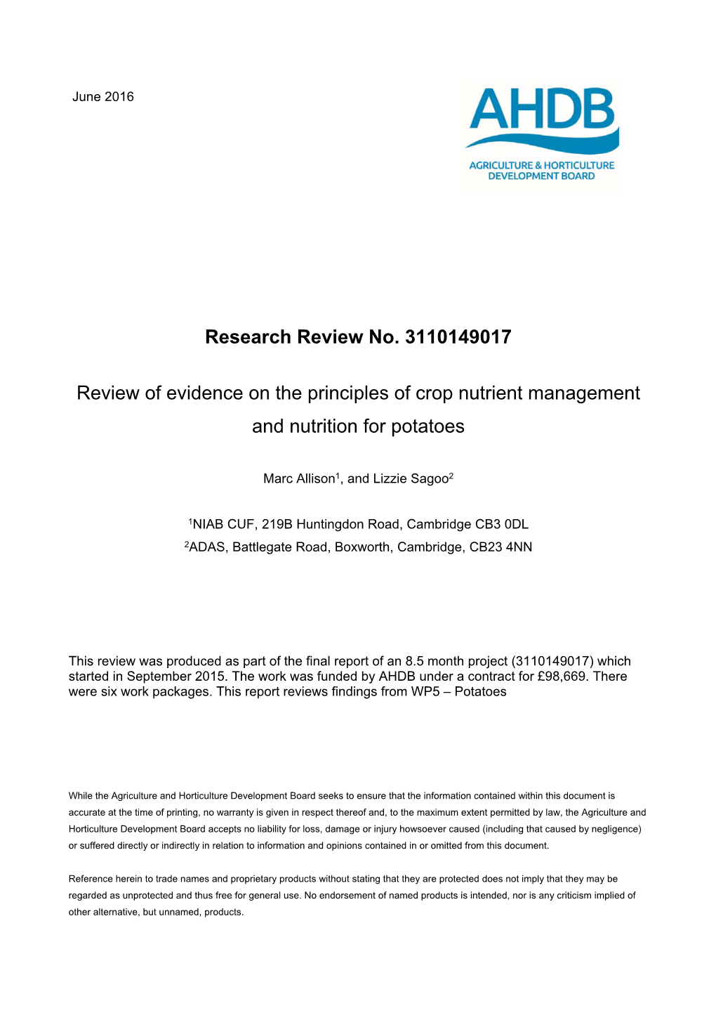 Research Review No. 3110149017 Review of Evidence on the Principles of Crop Nutrient Management and Nutrition for Potatoes