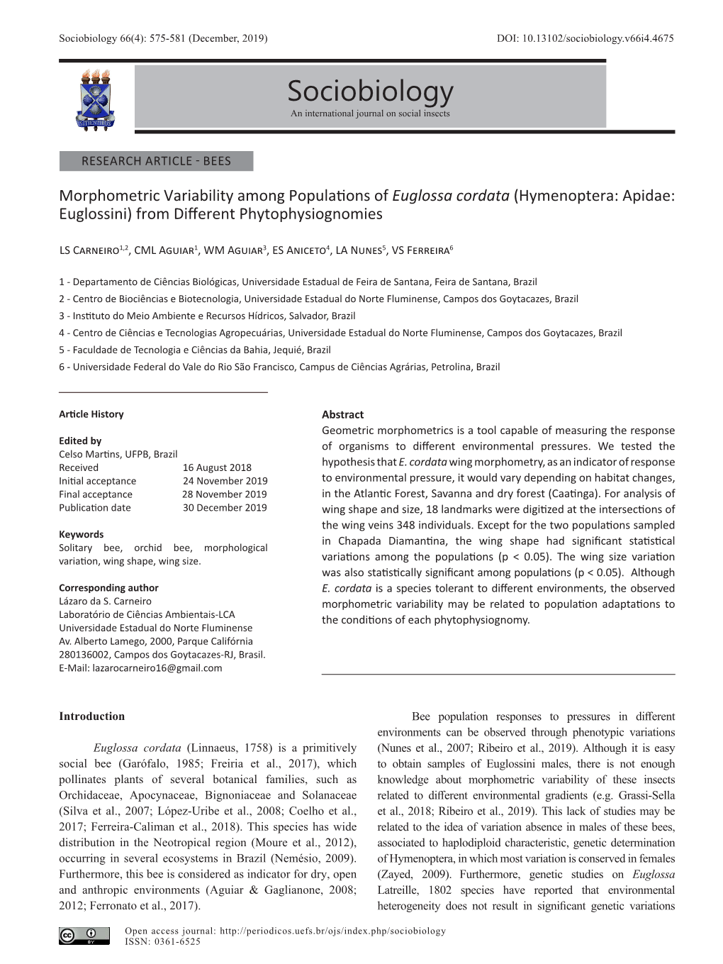 Sociobiology 66(4): 575-581 (December, 2019) DOI: 10.13102/Sociobiology.V66i4.4675