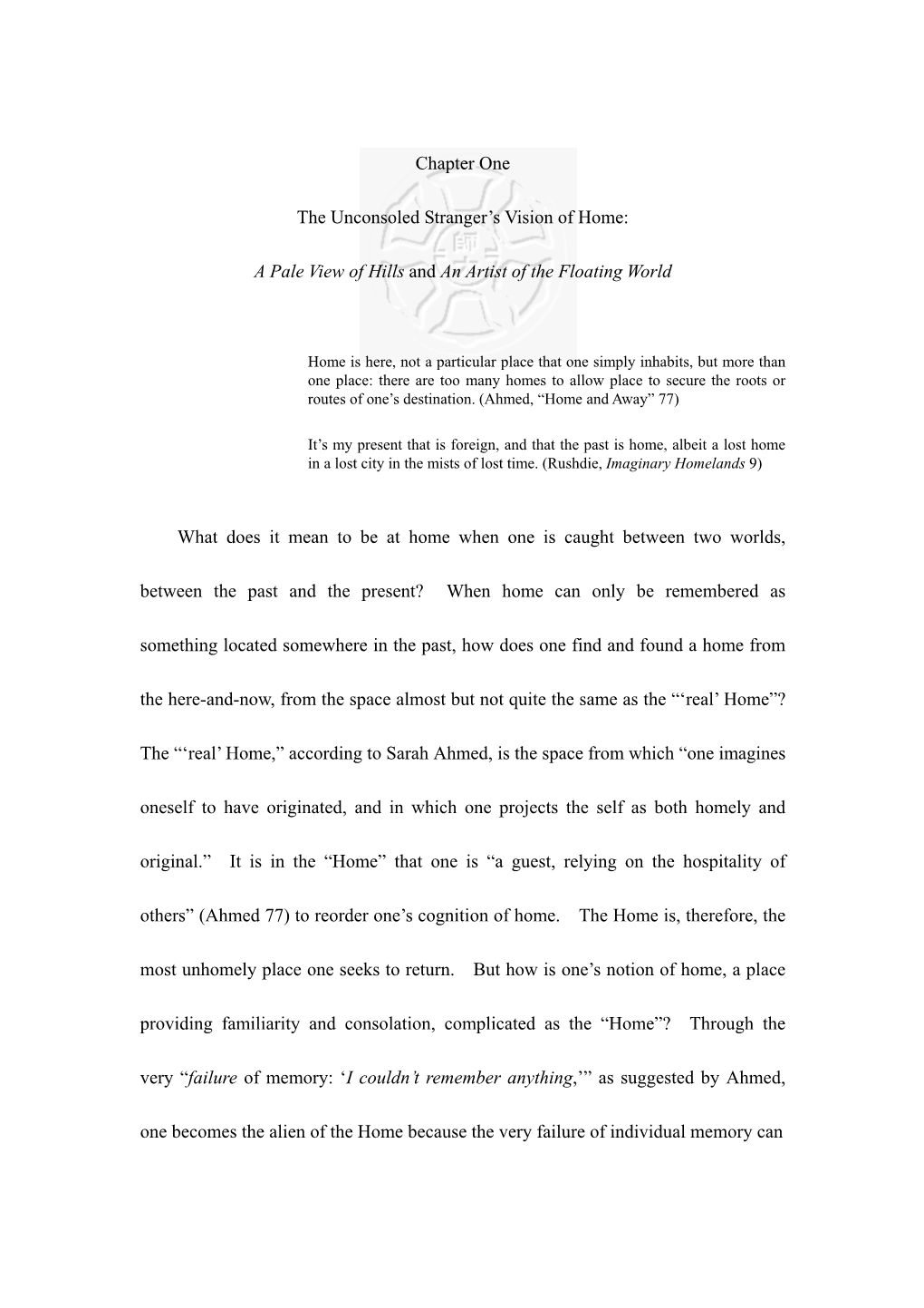 Chapter One the Unconsoled Stranger's Vision of Home: a Pale View of Hills and an Artist of the Floating World What Does It M