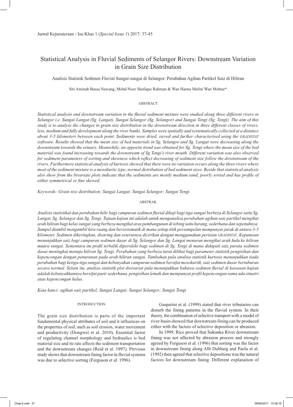 Statistical Analysis in Fluvial Sediments of Selangor Rivers: Downstream Variation in Grain Size Distribution