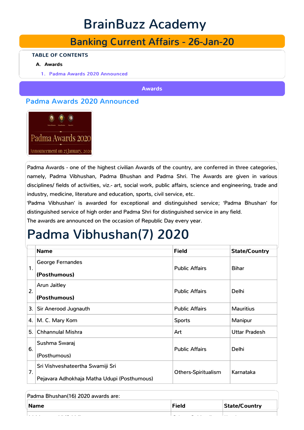 Banking Current Affairs - 26-Jan-20 TABLE of CONTENTS A