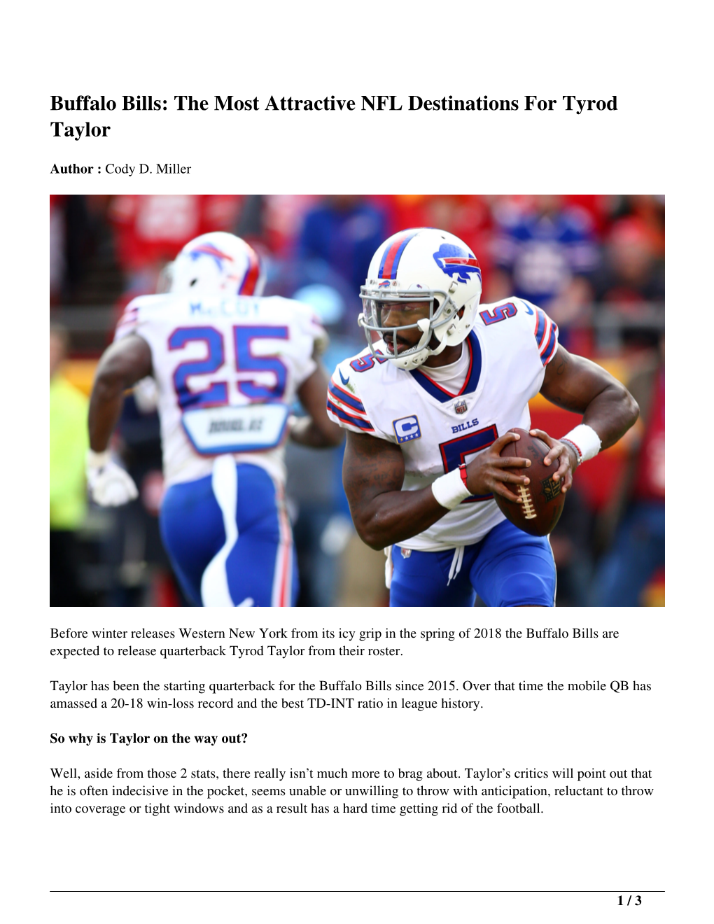 Buffalo Bills: the Most Attractive NFL Destinations for Tyrod Taylor