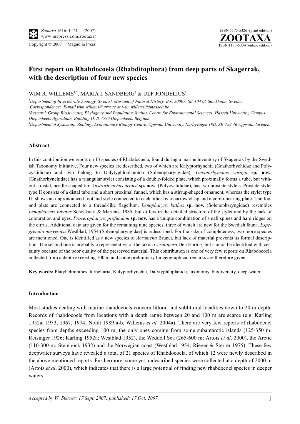 Zootaxa,First Report on Rhabdocoela (Rhabditophora)