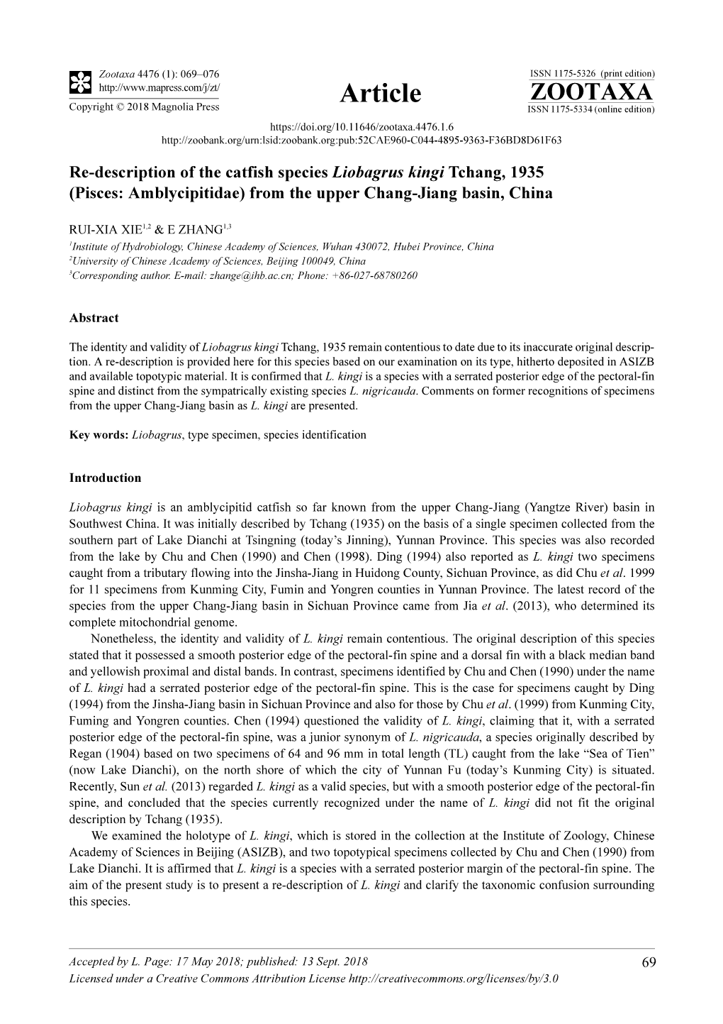 Re-Description of the Catfish Species Liobagrus Kingi Tchang, 1935 (Pisces: Amblycipitidae) from the Upper Chang-Jiang Basin, China